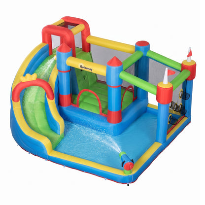 Outsunny 6 in 1 Kids Bouncy Castle, with Water Slide, Water Gun, Climbing Wall, Air Blower for Indoors/Outdoors, 3.9 x 3 x 2m
