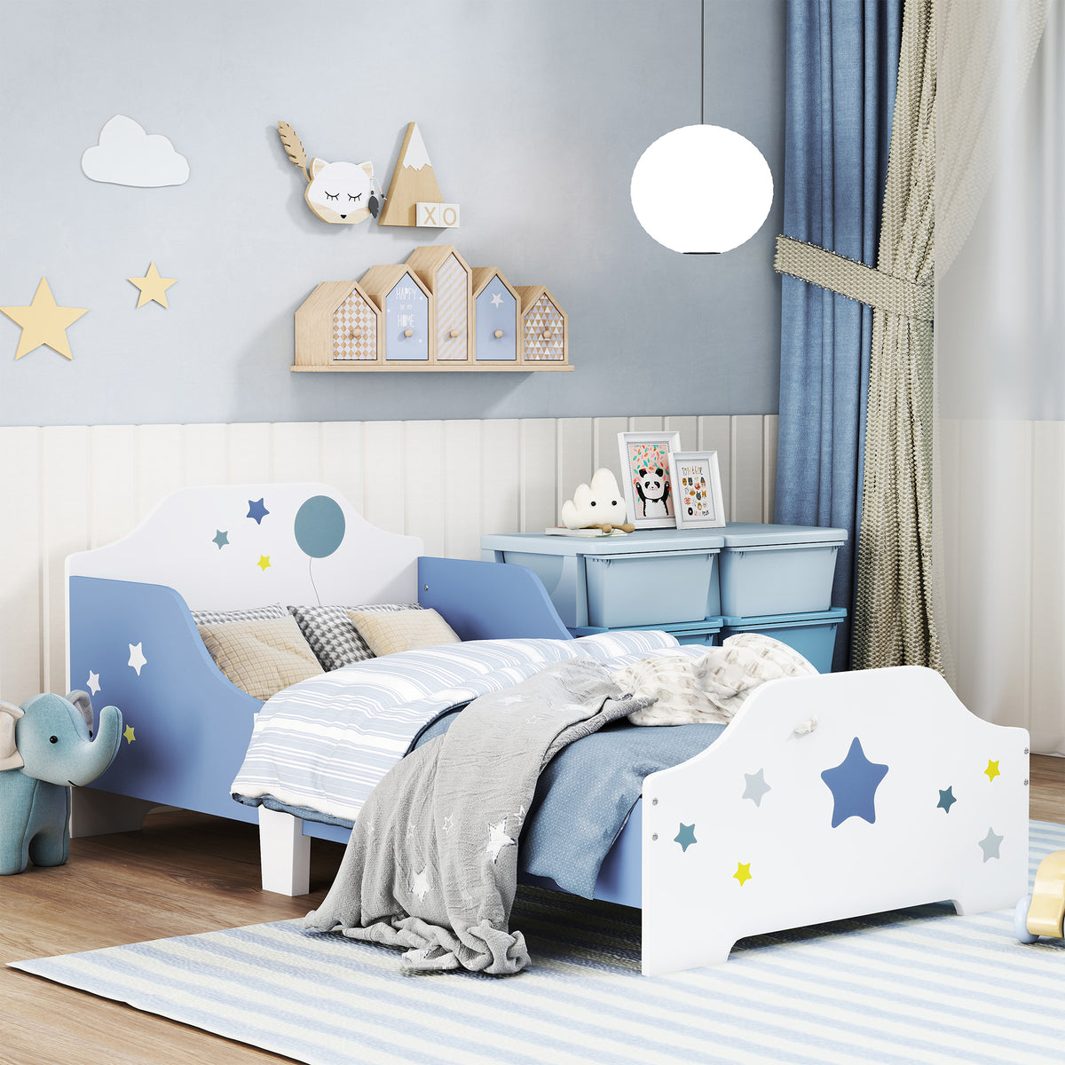 HOMCOM Toddler Bed Frame, Kids Bedroom Furniture for Boys Girls with Safe Guardrails, Low Junior Blue
