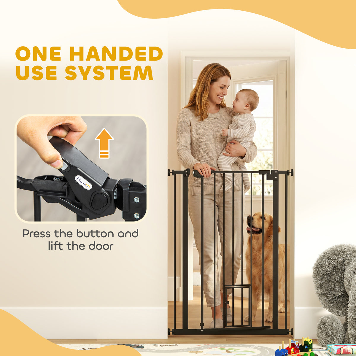 PawHut Extra Tall Pet Gate, Indoor Dog Safety Gate, with Cat Flap, Auto Close, 74-80cm Wide - Black