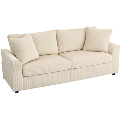 HOMCOM 3 Seater Sofa, 212cm Corduroy Couch with Spring Cushion, Wide and Deep Seat, Plush Backrest, 2 Pillows, Sofa Settee for Living Room, Home Office, Cream White