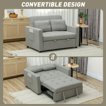 HOMCOM Loveseat Sofa Bed, Convertible Bed Settee with 2 Pillows, Side Pockets, Light Grey