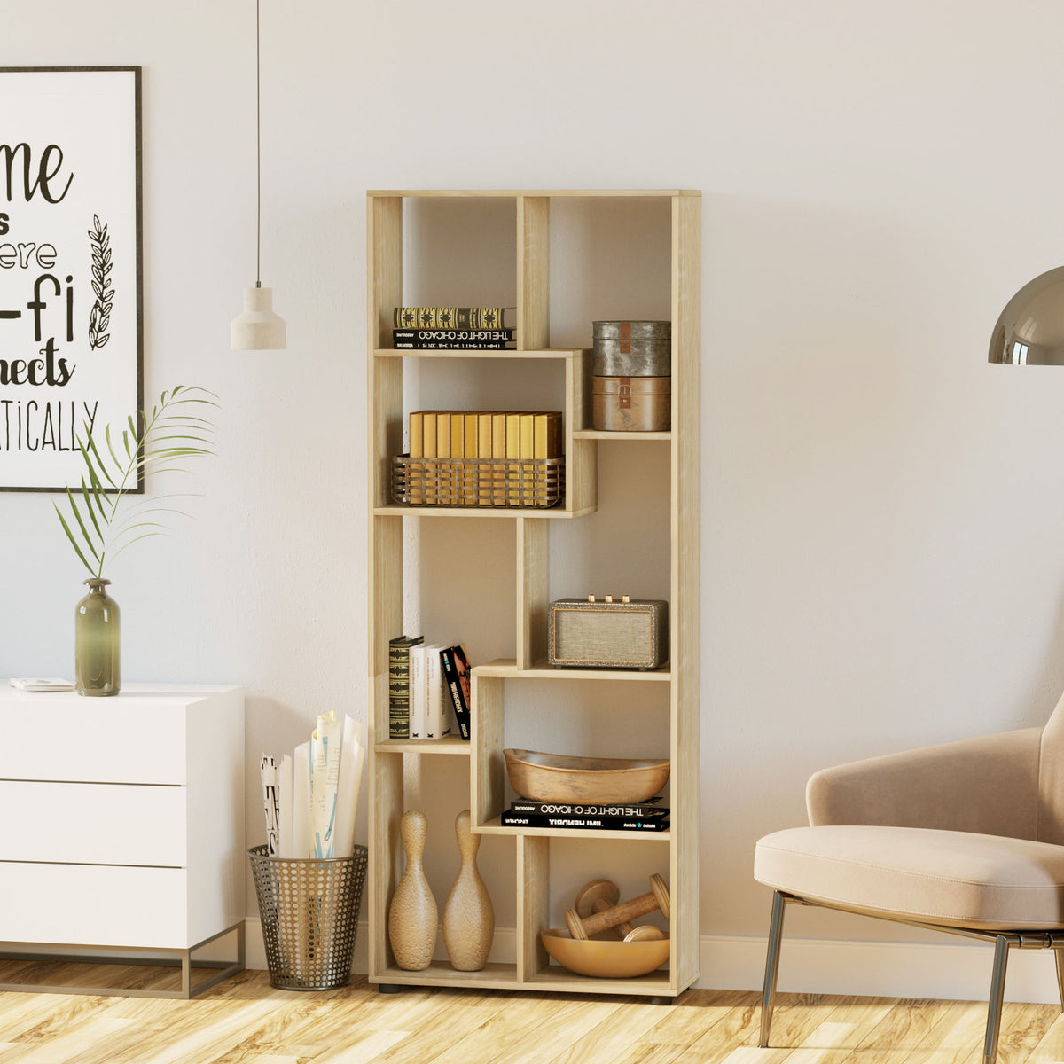 HOMCOM Bookshelf, Tall Bookcase, Modern Room Divider, 8 Cube Storage Unit, Freestanding Storage Shelf for Living Room, Bedroom, Home Office, 70 x 24 x 178 cm, Natural
