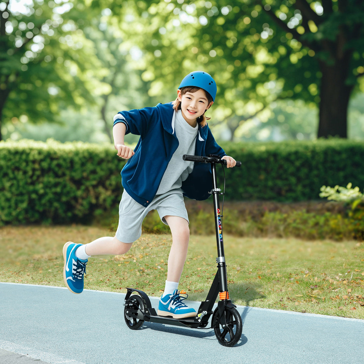 AIYAPLAY Kids Scooter with Four-Level Adjustable Handlebar, Dual Brake System, 200mm Wheels, ABEC-7 Bearings, Black