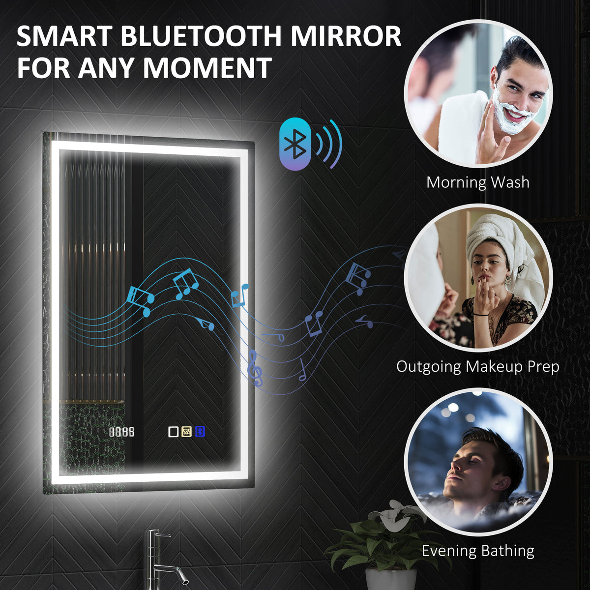 HOMCOM 50 x 70 cm Anti-Fog LED Bathroom Mirror, with Bluetooth and Clock - Silver Tone