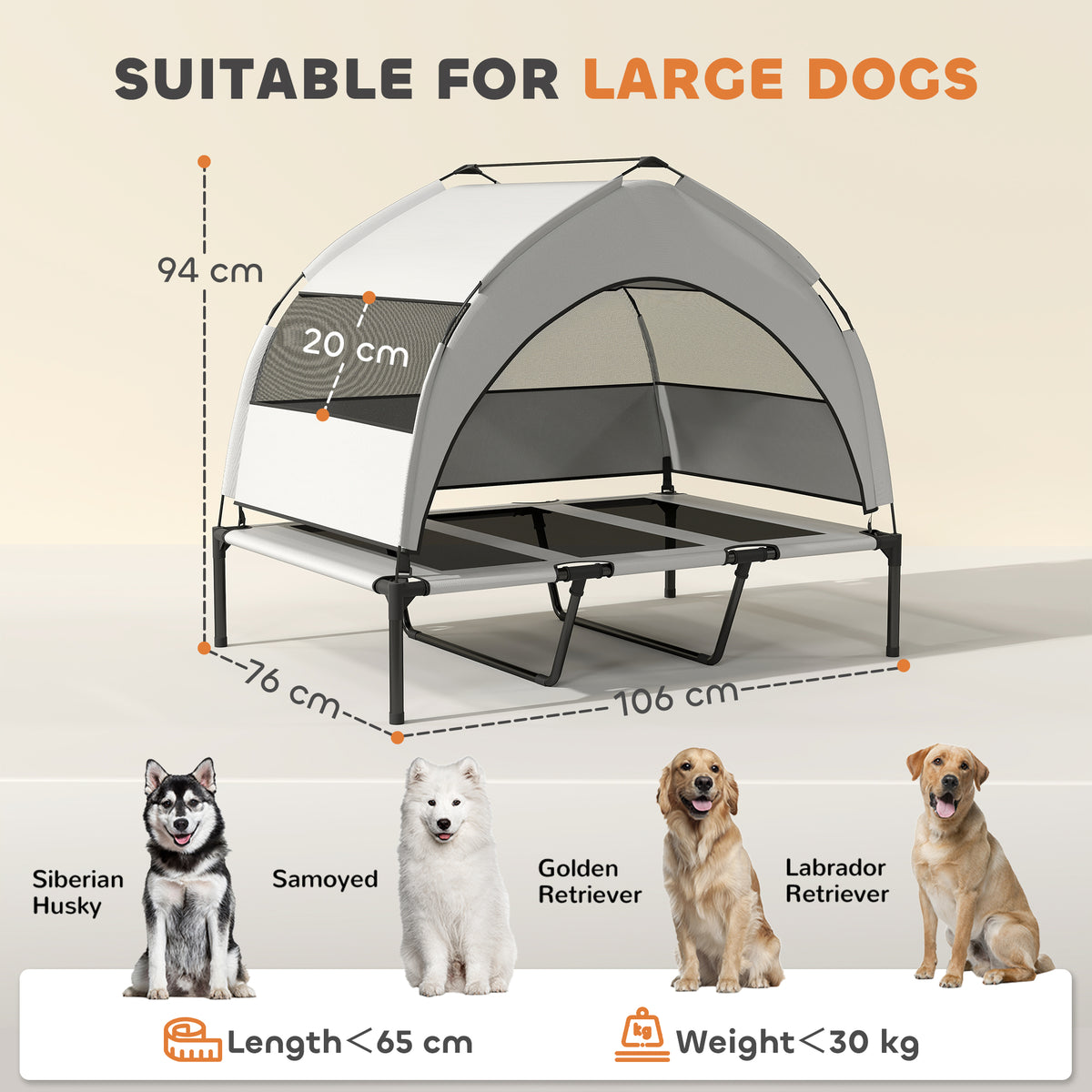 PawHut Portable Elevated Dog Bed with Removable Canopy, Cooling Raised Pet Cot for Large Dogs, 106 x 76 x 94 cm