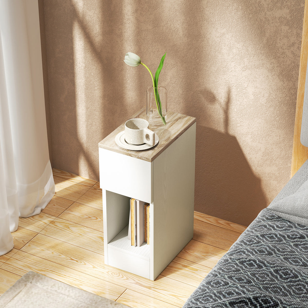 HOMCOM Set of Two Modern Storage Bedside Tables - Cream White