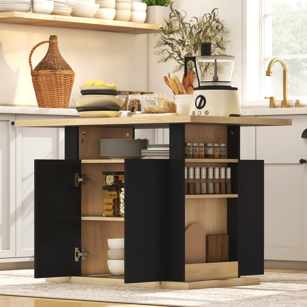HOMCOM Kitchen Island with Spice Rack, Kitchen Storage with Large Tabletop for 4 People, Adjustable Shelves Black & Natural