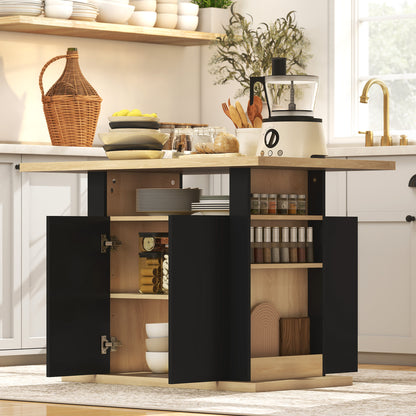 HOMCOM Kitchen Island with Spice Rack, Kitchen Storage with Large Tabletop for 4 People, Adjustable Shelves Black & Natural