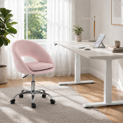 HOMCOM Velvet Desk Chair, Modern Office Chair with Height-Adjustable, Wheels, for Home Study Bedroom, Pink