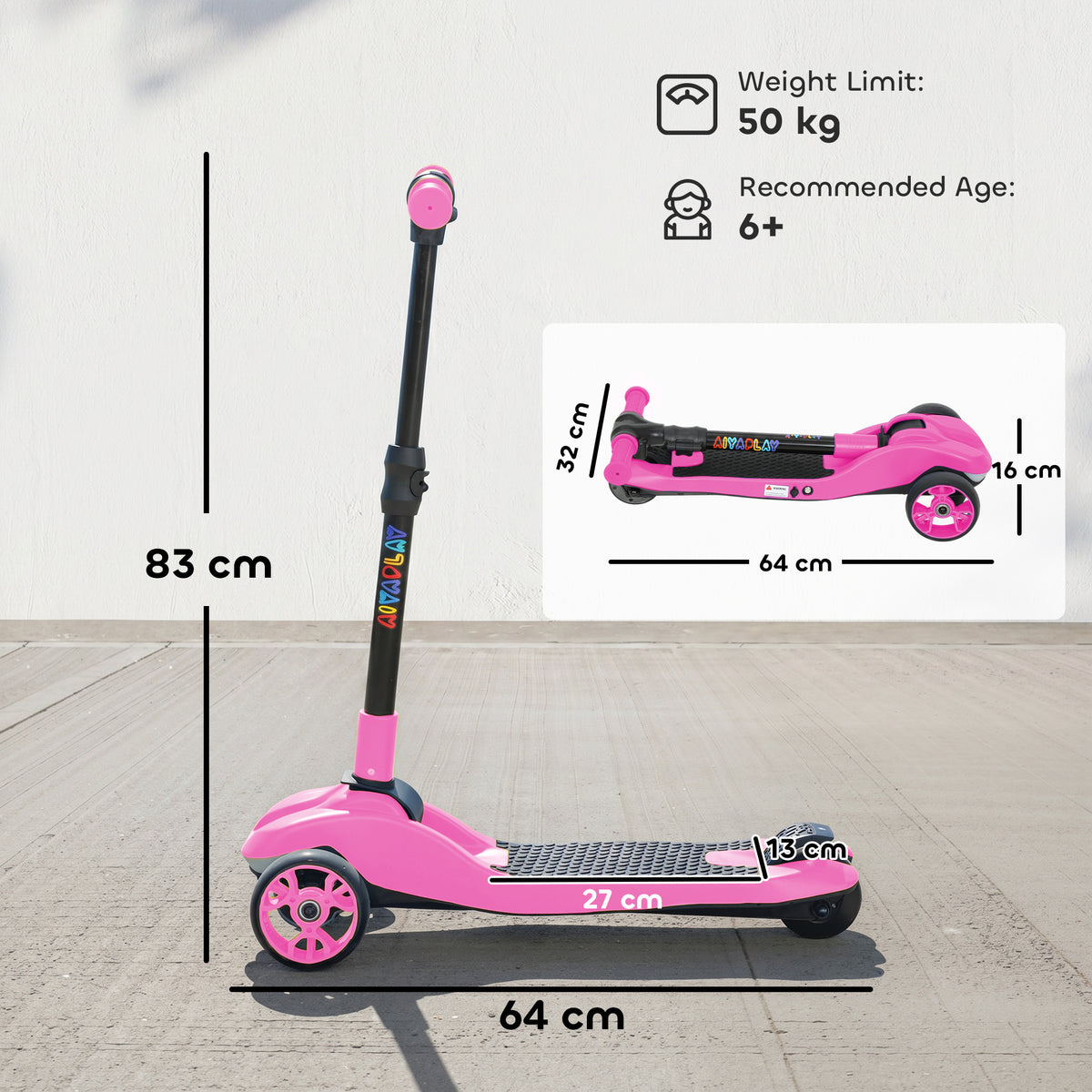 AIYAPLAY Three-Wheel Foldable Electric Scooter for Kids Aged 6-10 Years, Pink
