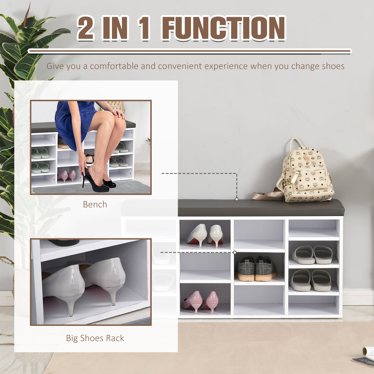 HOMCOM Multi-Storage Shoe Rack with 14 Compartments Cushion Moving Shelves, Solid Frame Foot Pads, White