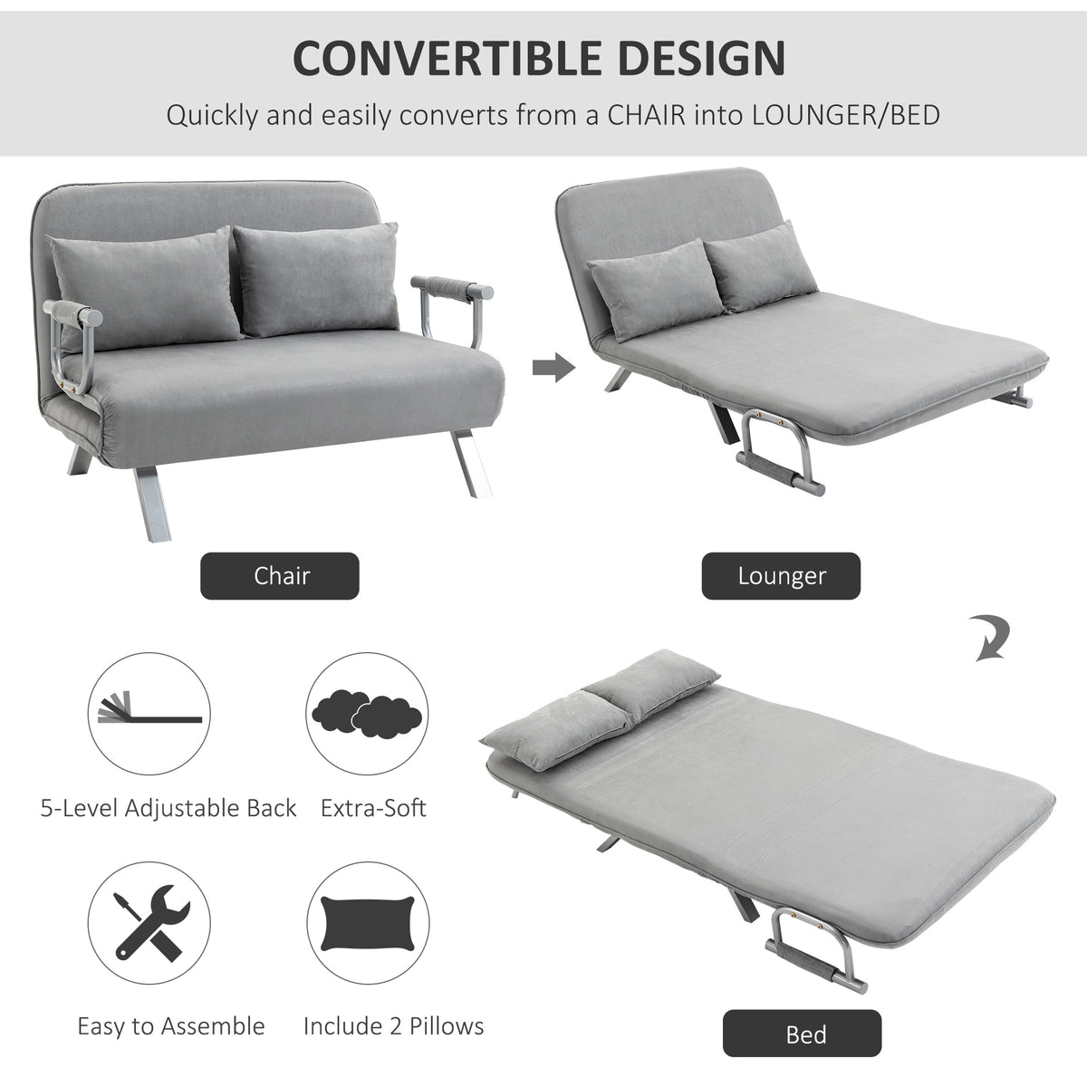 HOMCOM Two-Seater Click-Clack Sofa Bed with Pillows - Light Grey