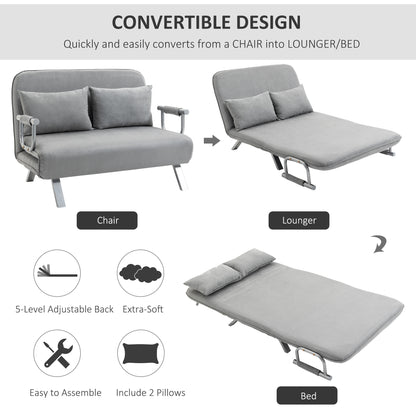 HOMCOM Two-Seater Click-Clack Sofa Bed with Pillows - Light Grey