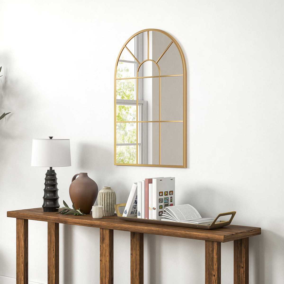 HOMCOM 90 X 61cm Arched Grid Mirror - Gold Tone