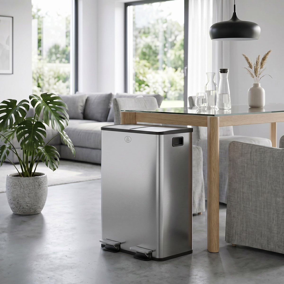 HOMCOM 56L Dual Compartment Stainless Steel Bin, with Deodoriser Holders - Silver Tone