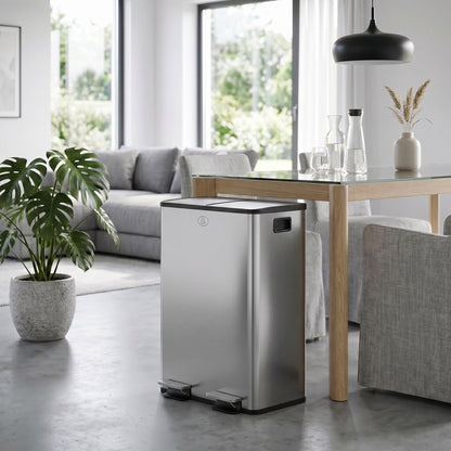 HOMCOM 56L Dual Compartment Stainless Steel Bin, with Deodoriser Holders - Silver Tone