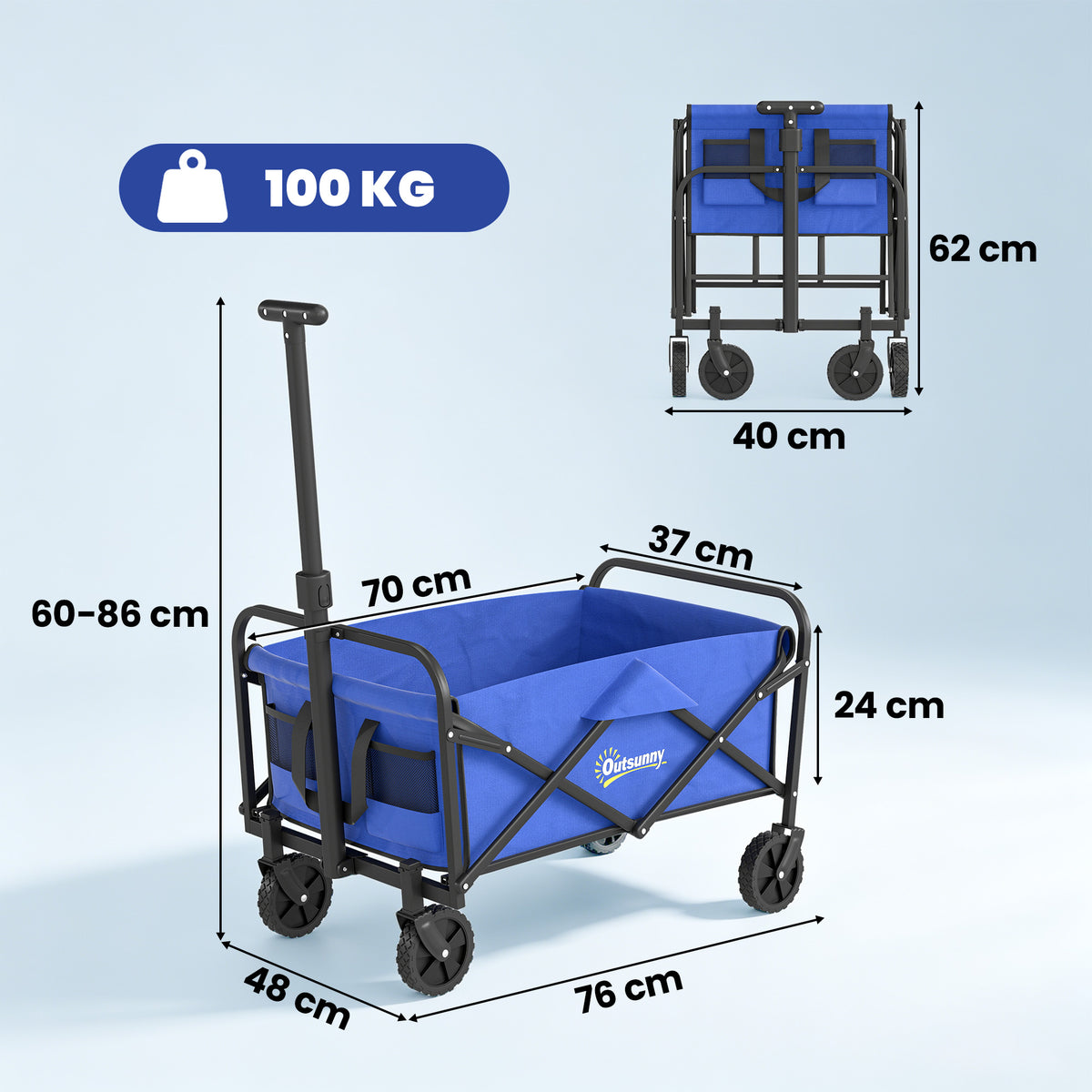 Outsunny 93L Festival Trolley on Wheels, Garden Folding Trolley Cart, 100kg Heavy Duty Collapsible Folding Wagon with Adjustable Handle and Carrying Bag for Beach, Camping, Festival, Blue