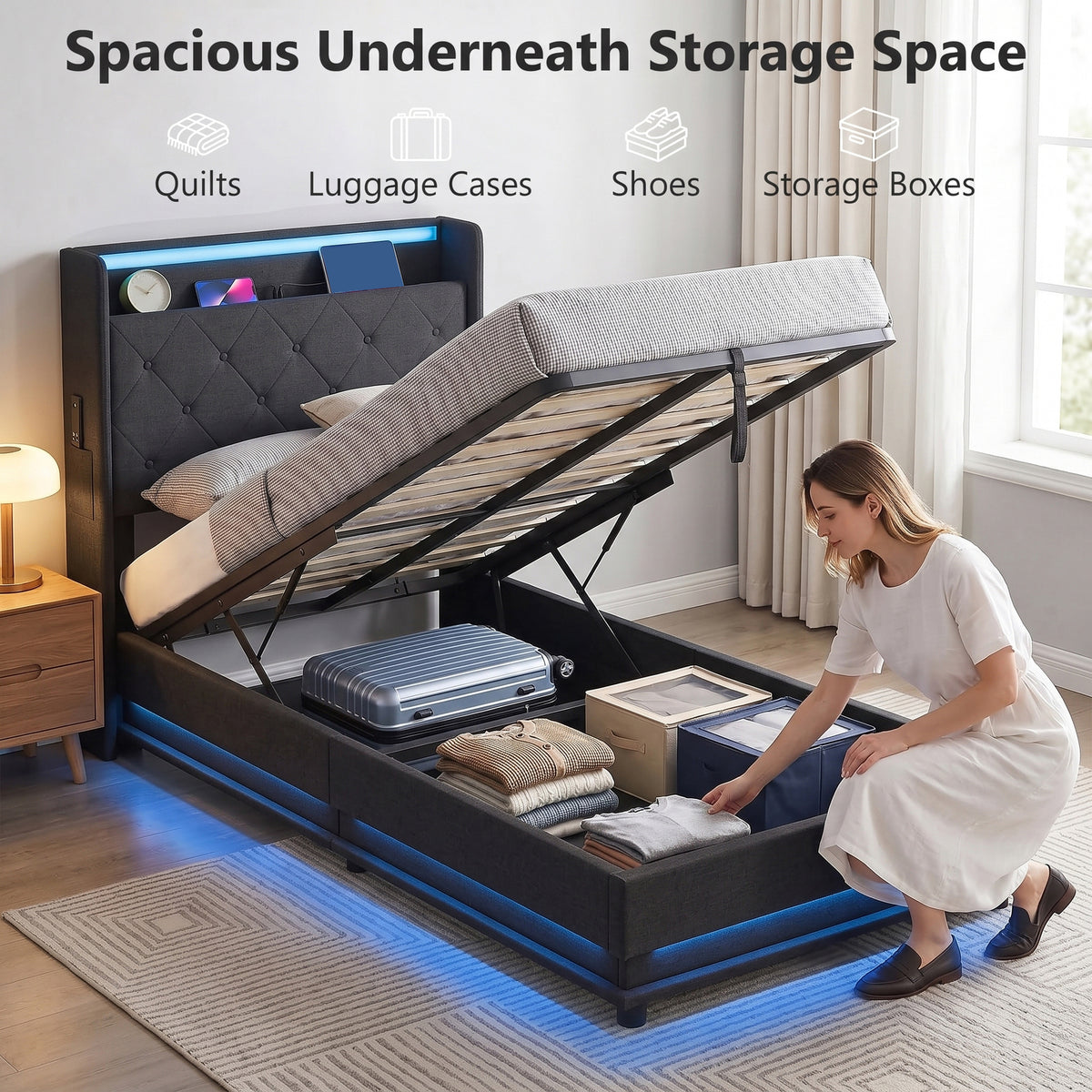HOMCOM 3ft Single Bed Frame with Headboard, Platform Bed Frame with Hydraulic Storage, LED Lights and Charging Station, Black