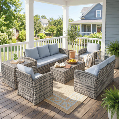 Outsunny 6 Pieces Rattan Garden Furniture Set, 7 Seater Wicker Outdoor Furniture Set with Storage Tea Table & Side Table, Sectional Garden Sofa Set with Cushions, Grey