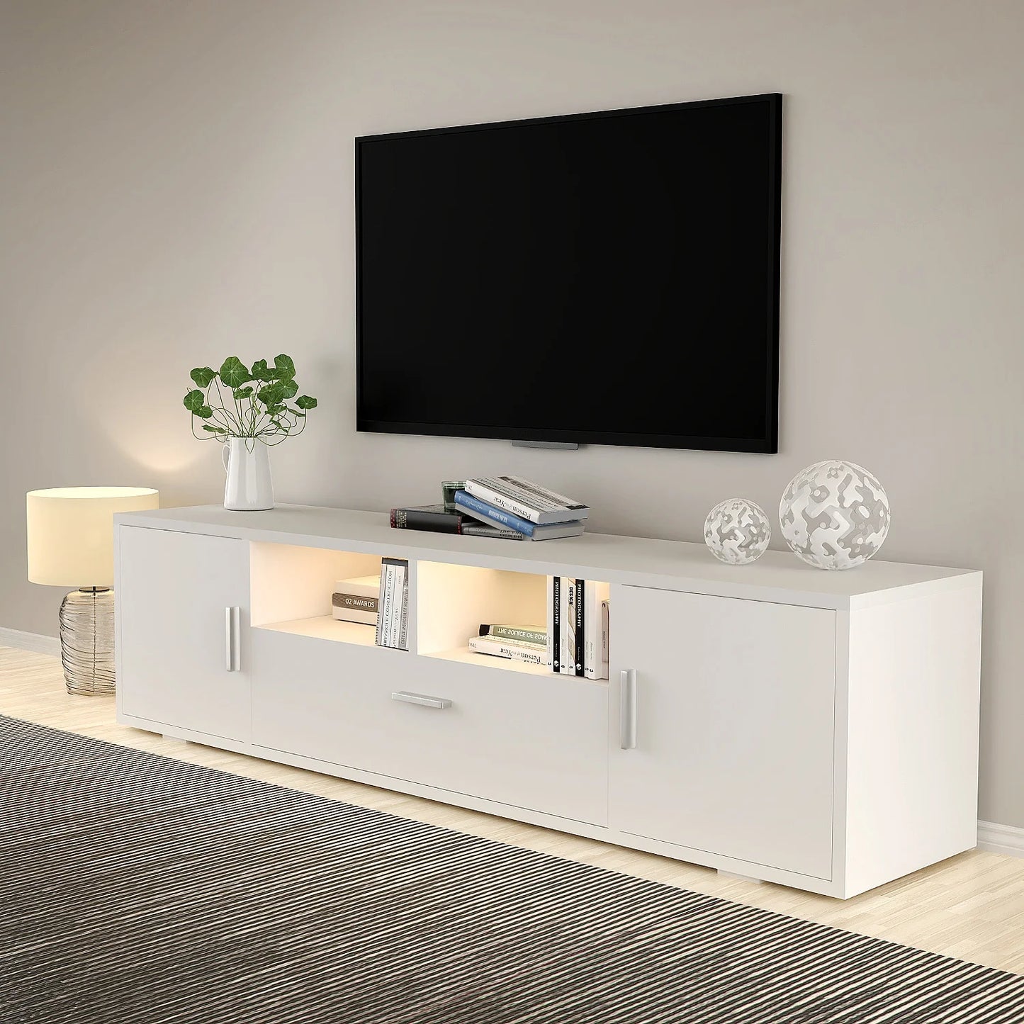 160cm Wide Modern White High-Gloss TV Stand Cabinet with RGB LED (16-Color RGB) & Shelves - Heavy-Duty TV Unit for 65-85