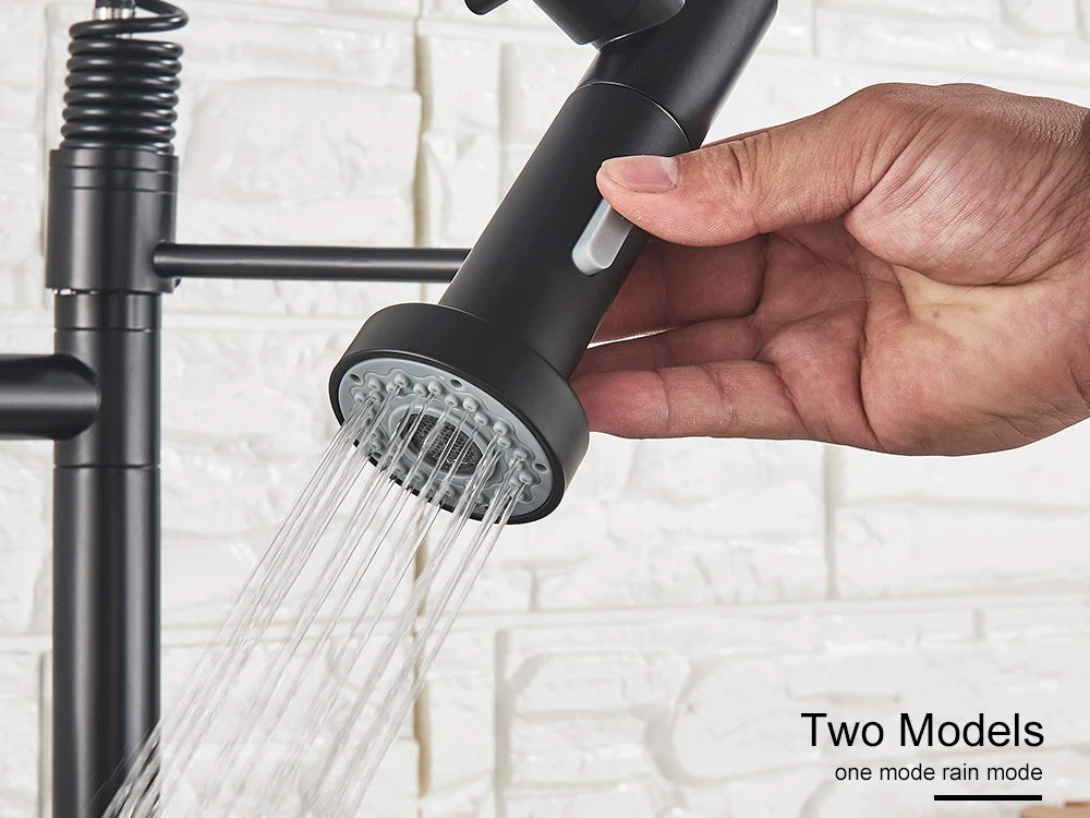 Black Pull Down Brass Kitchen Sink Faucet Hot Cold Water Mixer Crane Tap with Dual Spout 360 Rotation High Faucet Deck Mounted