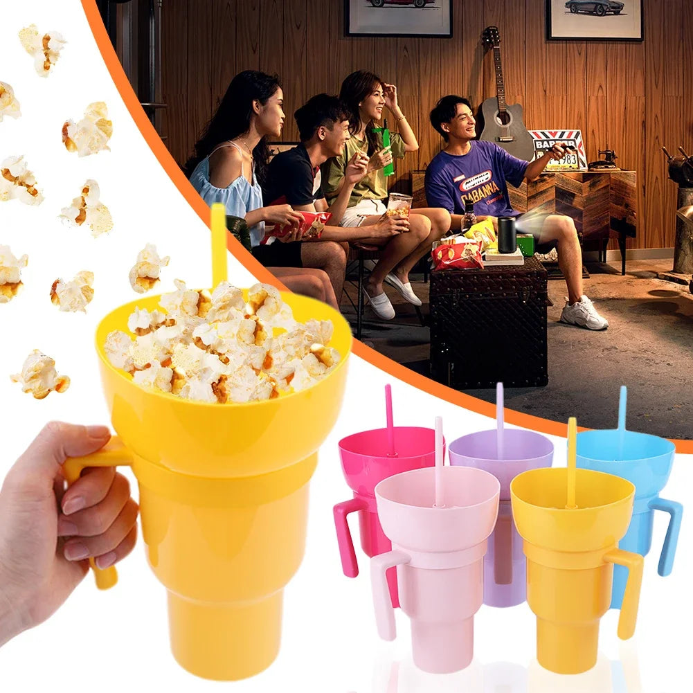1000ml Portable Snack Container Multifunction Stadium Tumbler Popcorn Beverage Cup with Straw & Handle for Cinema Home Travel