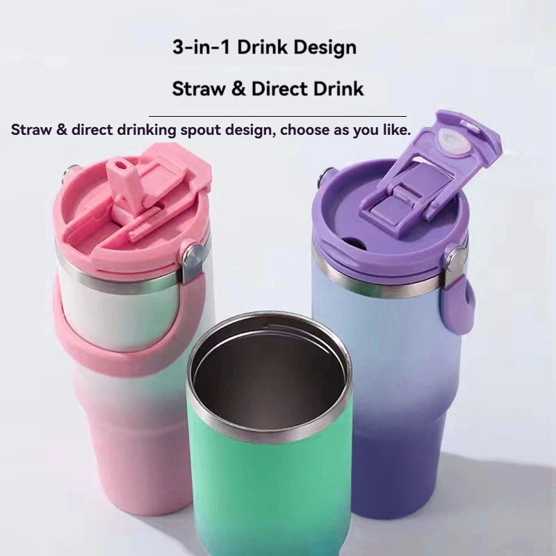 890ML Stainless Steel Thermos Cup with Straw  Keep Cold and Hot Car Coffee Cup Portable Vacuum Flask Travel Thermos Water Bottle