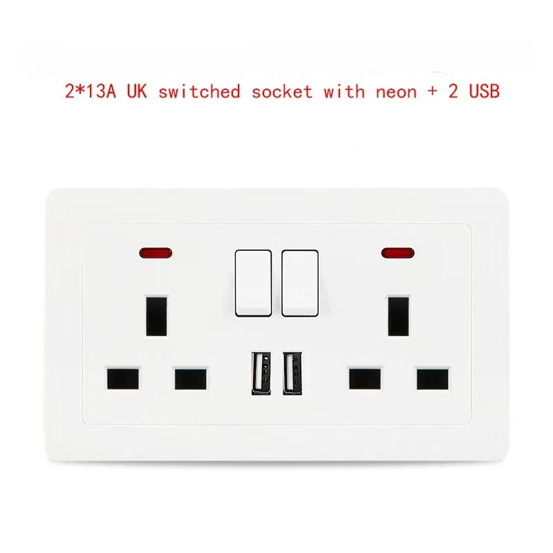 UK Standard 13A Switched Wall Socket with Dual USB Charger Ports LED Indicator Standard Size Easy Fit Wall Mounted USB Power