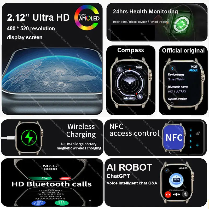 2026 New HK 11 ULTRA 3 Max Smartwatch 49mm AMOLED 4G ROM AI Robot Bluetooth Network Call Clock NFC Compass Smart Watch Men Women