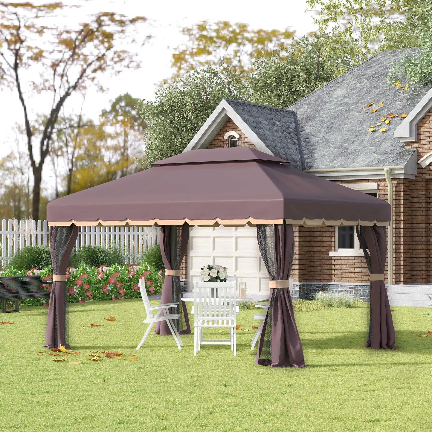 Outsunny 3 x 4m Aluminium Garden Gazebo, Marquee Canopy Shelter Pavilion Party Tent with Nets and Curtains