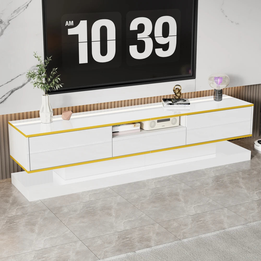 PINGGO Modern TV Cabinet with Three Drawers and an Open Compartment - High Gloss with Color-Changing LED Lights, 180*38*45cm