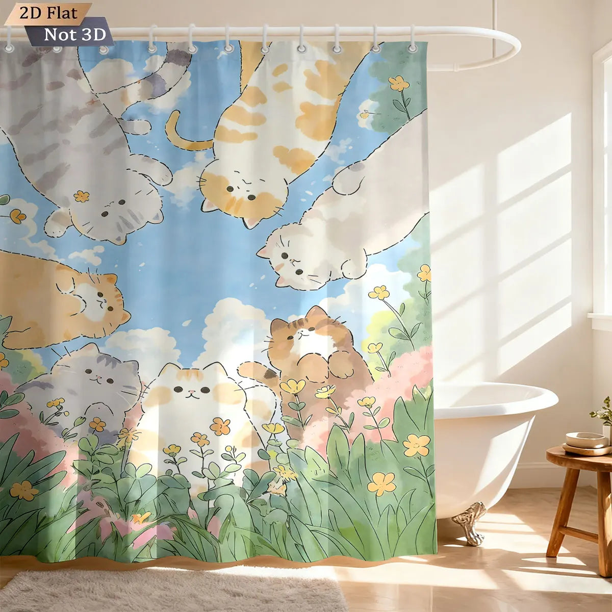 1pc Cute Cartoon Cat Printed Waterproof Shower Curtain Partition Privacy Hanging Curtain with 12 Hooks Multiple Sizes