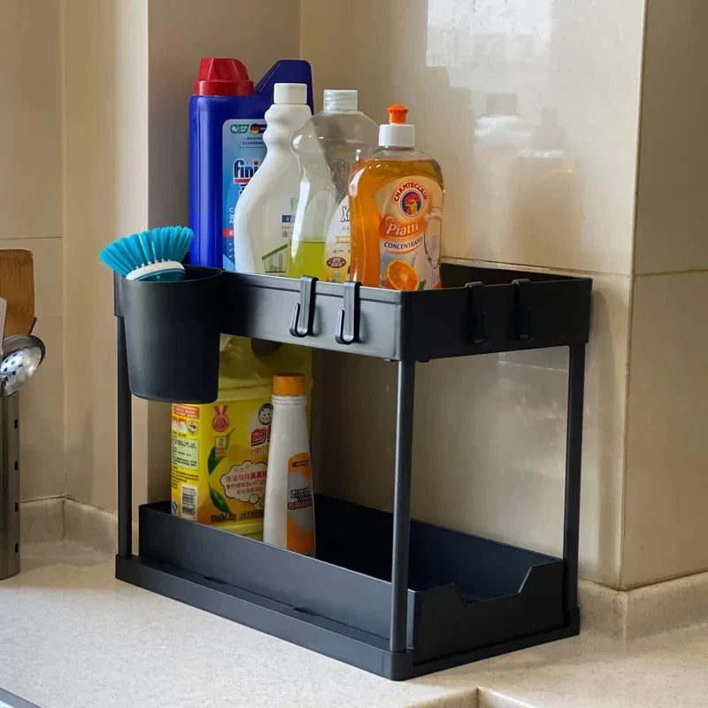 2-Tier Pull Out Under Sink Organizer, Storage Rack with Hooks & Cups, Space Saving Slide-Out Shelf for Kitchen Bathroom Cabinet