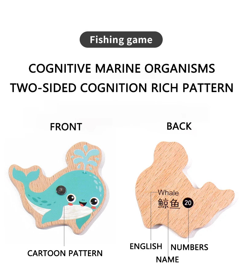 Montessori Wooden Magnetic Fishing Toys Marine Life Cognition Fish Games Early Educational Toy for Kids Parent-child Interactive