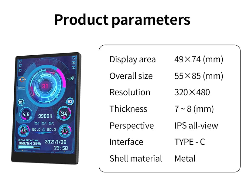 3.5 Inch Type-C Secondary Screen for Computer CPU RAM GPU HDD Monitor 320*480 IPS LCD ISB Display TURZX Software NO AIDA64