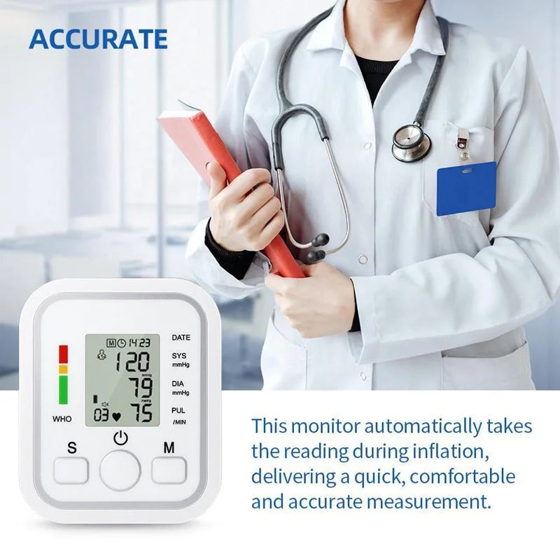 LCD Portable Health Care Pulse Meter BP Monitor Automatic Digital Arm Blood Pressure Monitor Tonometer Meter Sphygmomanometer