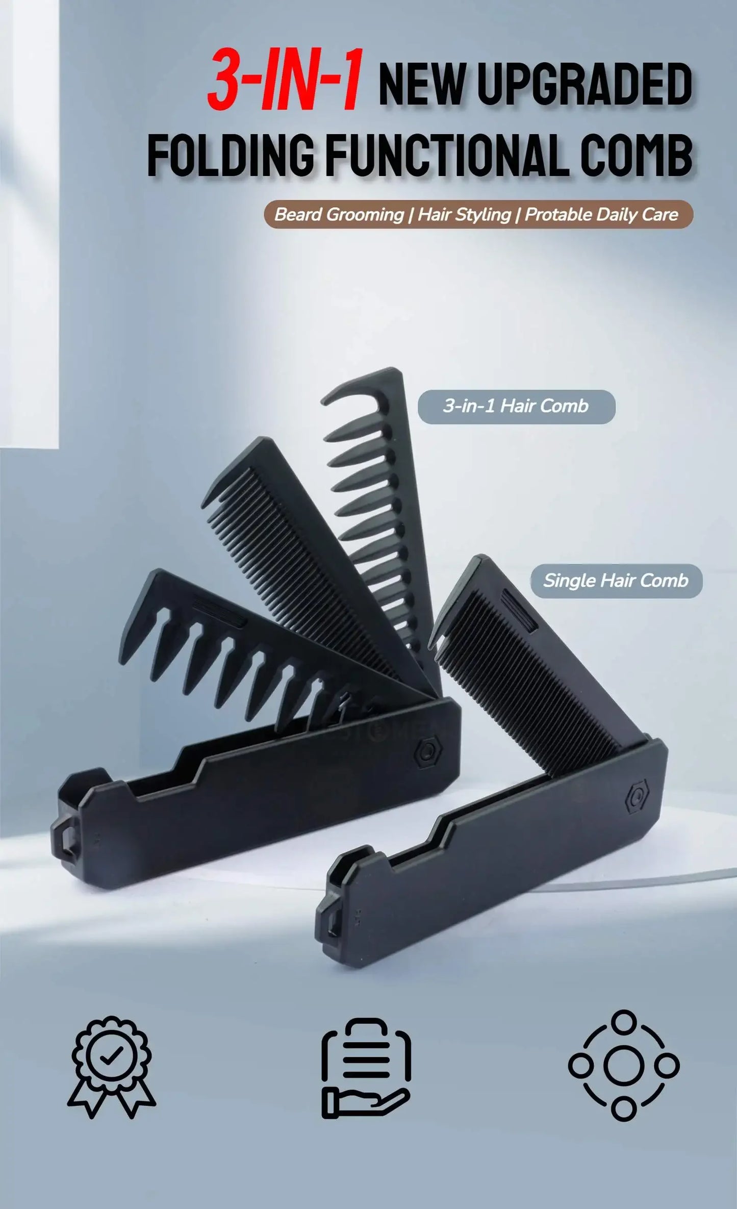 Professional 3 in 1 Pocket Folding Combs Wide Tooth Oil Head Comb Beard Combing Barber Hair Clipper Comb Salon Hair Styling Tool