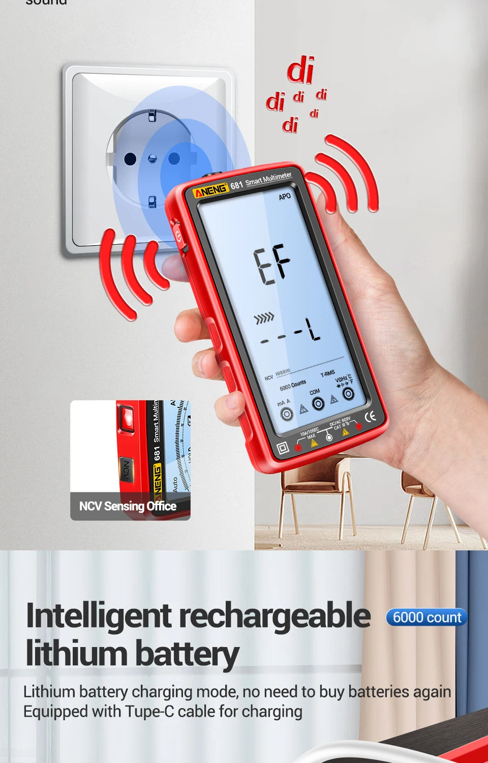 ANENG 681 Rechargable Digital Professional Multimeter Non-contact Voltage Tester AC/DC Voltage Meter LCD Screen Current Tester