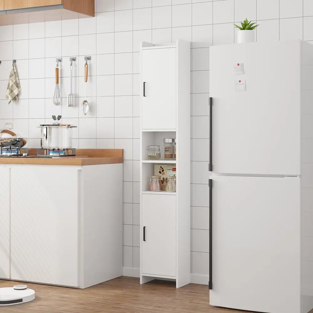 Tall Cabinet, Narrow Bathroom Storage Unit with 2 Doors amp Open Compartments, Slim Kitchen Cabinet for Small Spaces, Freestand