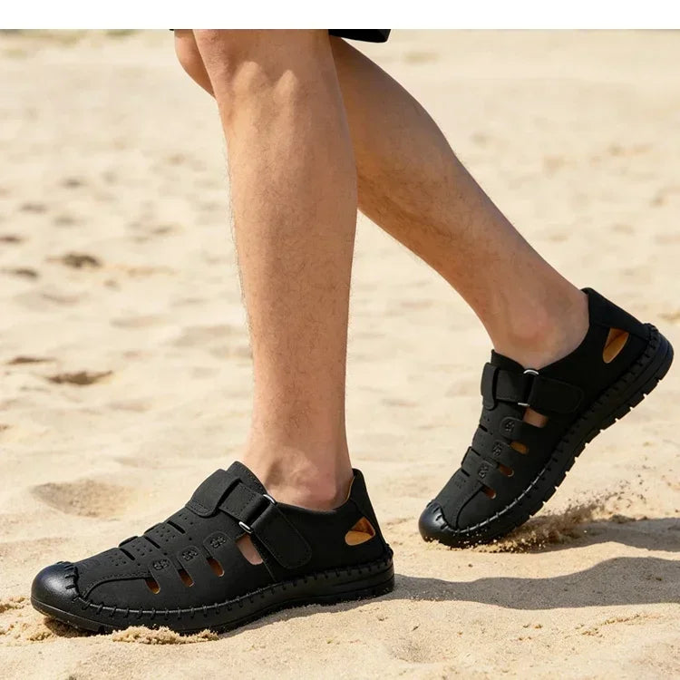 Men's Summer Hollow out Comfortable Breathable Slip-On Leather Shoes Anti-Slip Soft Bottom Outdoor Casual Loafers-1375
