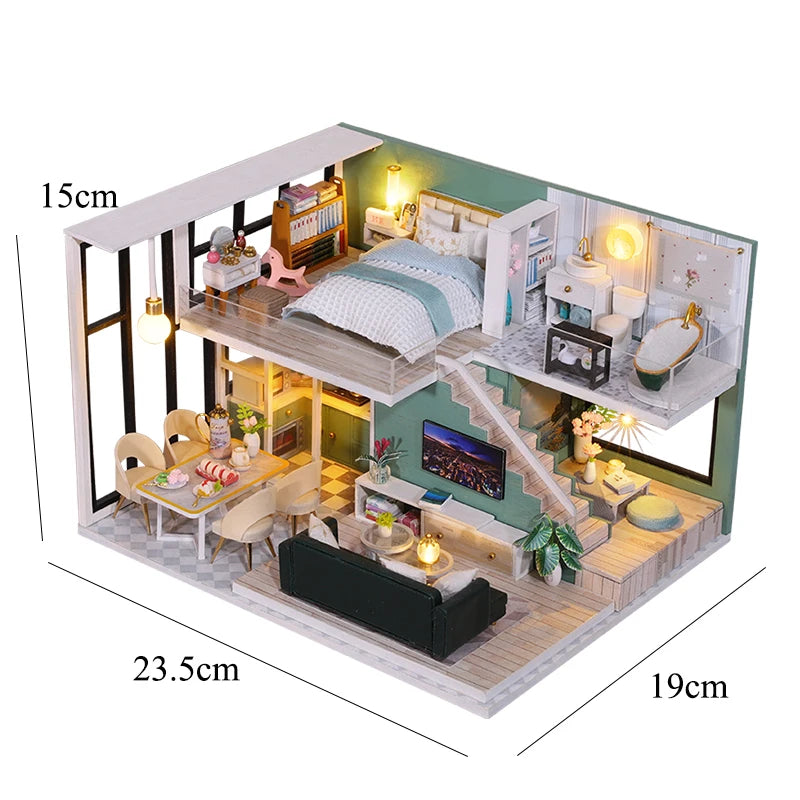 DIY Wooden Doll House Handmade Duplex Apartment Production 3D Puzzle Assembly Building Duplex Apartment Model Toy Children Gifts