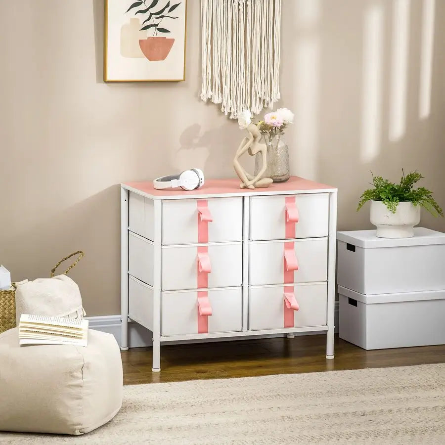 Chest of Drawers, Cloth Organizer Unit with 6 Fabric Drawers, Metal Frame and Wooden Top, Storage Cabinet for Kids Room, Living