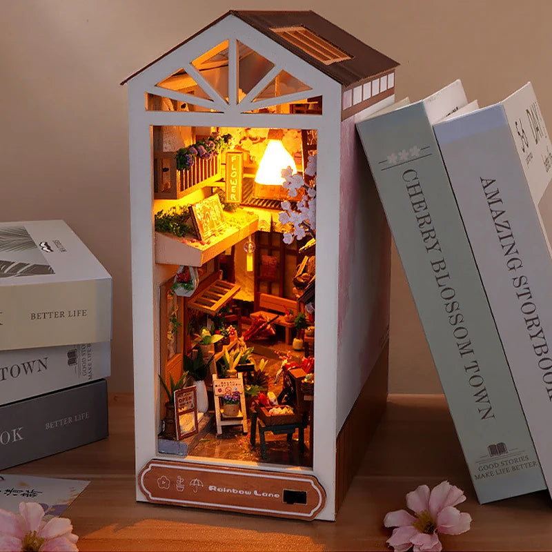 DIY Book Nook Kit Shelf Inser Dollhouse Model Building Kit Wooden Bookshelf Room Dollhouse Bookend Toy For Adults Birthday Gifts