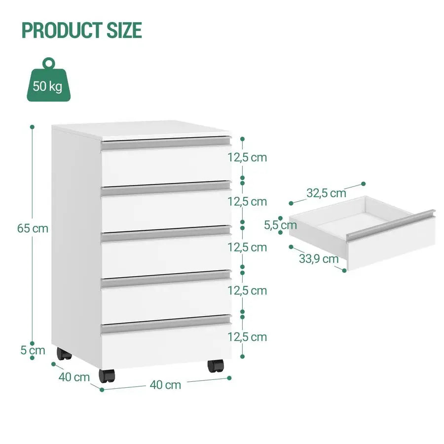 5Drawer Mobile File Cabinet, Filing Cabinet with Lock and Wheels, Under Desk Storage, Fits A4, Legal, Letter, for Home, Office