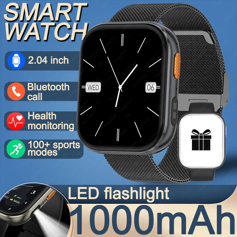 Outdoor New 1000mAh SmartWatch 2.04"HD Screen Smartwatch LED Flashlight 100+sports mode BT Call Waterproof SmartWatches Men Wome
