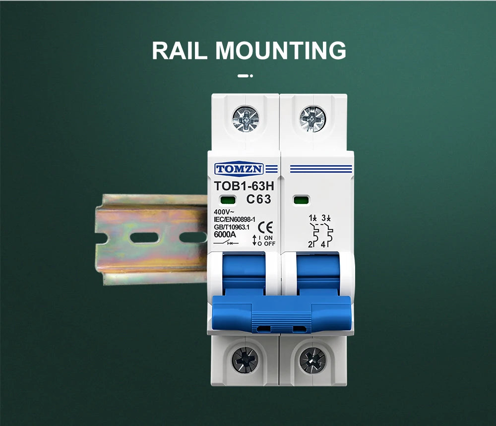 TOMZN 2P AC MCB TOB1-63 C Type 230/400V~ 50Hz/60Hz Mini Circuit Breaker 6A 10A 16A 20A 25A 32A 40A 50A 63A