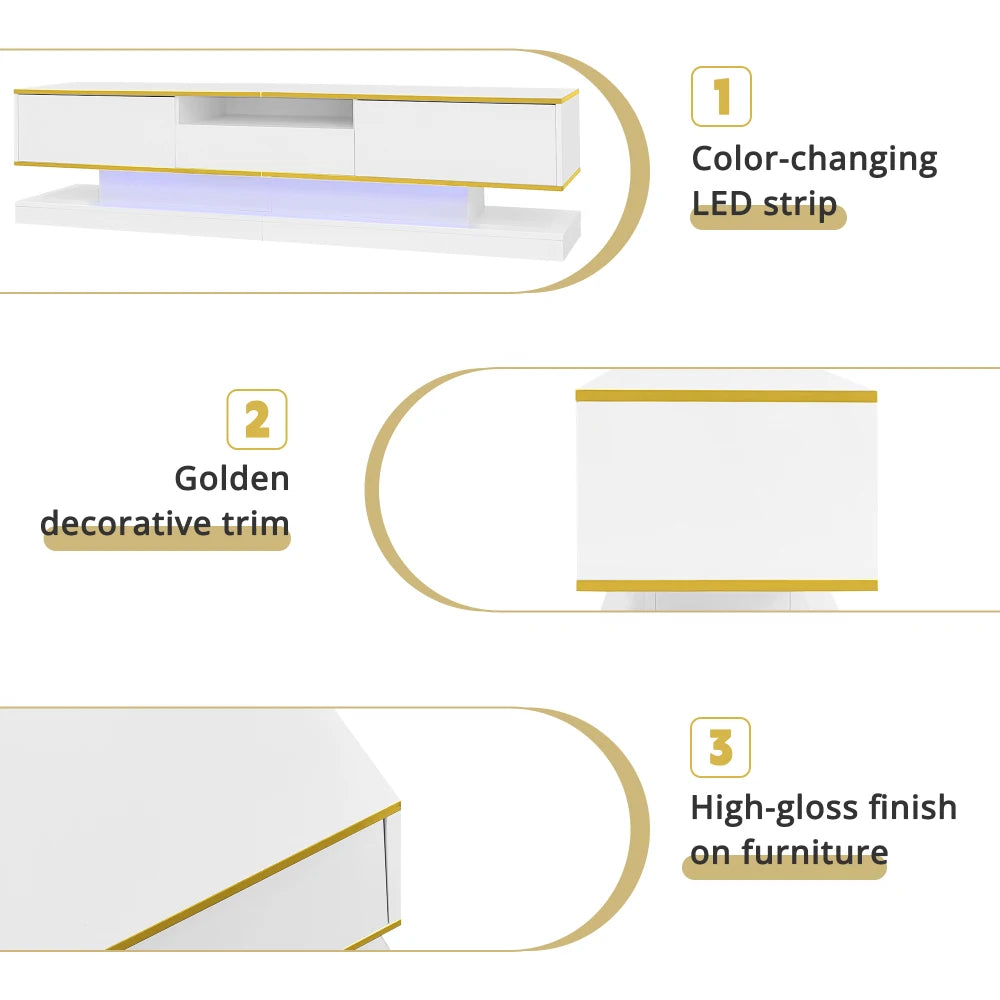 PINGGO Modern TV Cabinet with Three Drawers and an Open Compartment - High Gloss with Color-Changing LED Lights, 180*38*45cm