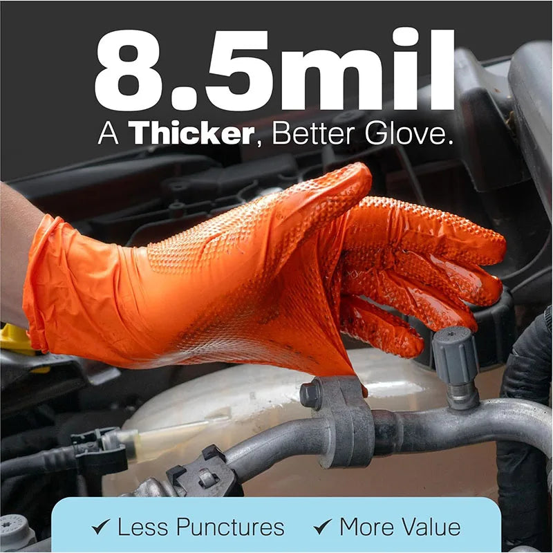 Heavy Orange Disposable Nitrile Extra Thick Gloves 8.5 Mil -Powder-Free Puncture-Resistant Protection-Diamond-Texture Work Glove