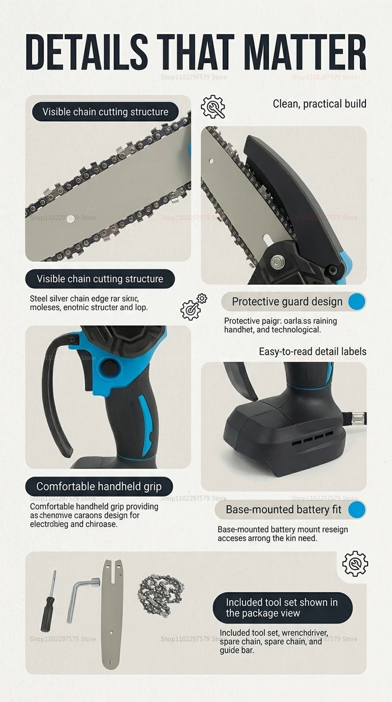 6Inch Cordless Electric Chainsaw Rechargeable No Battery Lightweight Power Tool for Woodcutting Gardening Makita 18V Compatible