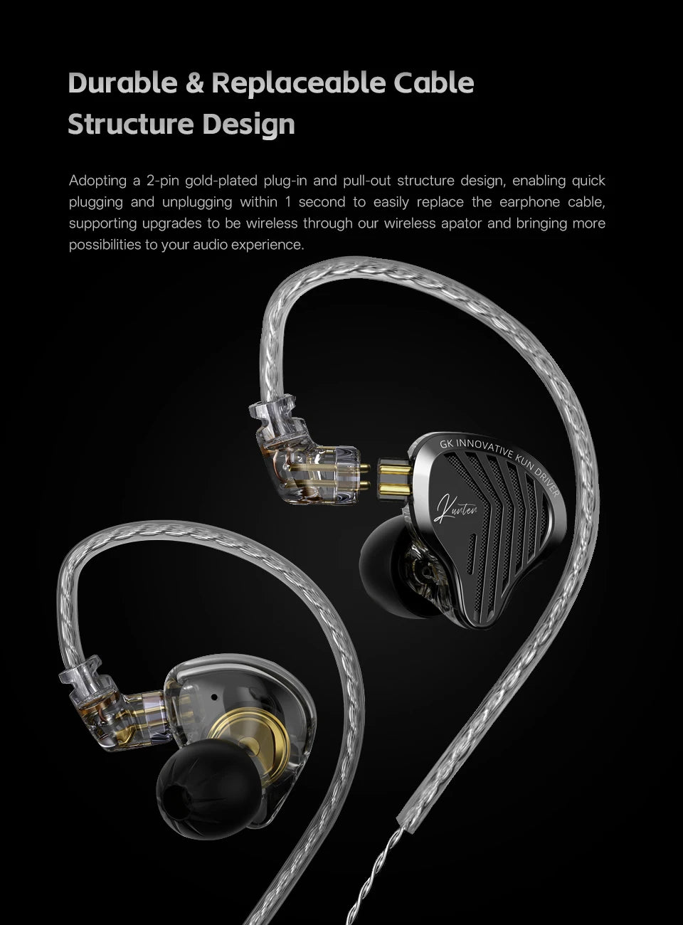 GK KUNTEN Dynamic Drive Heavy Bass Earbuds HIFI Sports Metal Headphones Detachable 2PIN Compatible with KZ Zenith EDX PRO